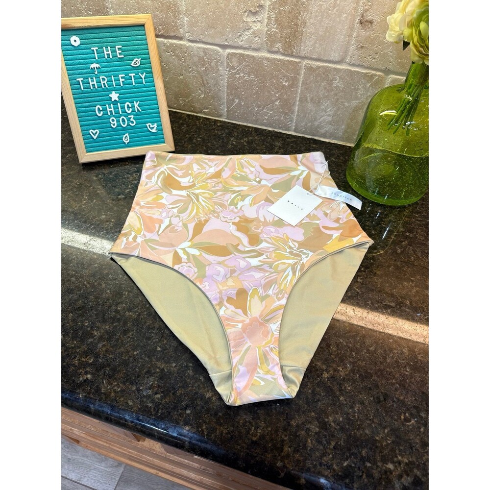 BAIIA Floral High Waisted Reversible Bikini Bottoms NWT Peach Pink Sage Size 14